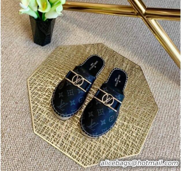 Good Quality Louis Vuitton Monogram Canvas Espadrille Slide Sandals with Rectangle LV Buckle 011104 Black