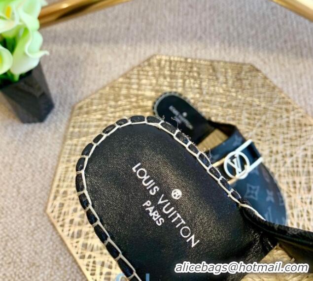 Good Quality Louis Vuitton Monogram Canvas Espadrille Slide Sandals with Rectangle LV Buckle 011104 Black