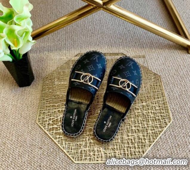 Good Quality Louis Vuitton Monogram Canvas Espadrille Slide Sandals with Rectangle LV Buckle 011104 Black