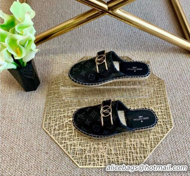 Good Quality Louis Vuitton Monogram Canvas Espadrille Slide Sandals with Rectangle LV Buckle 011104 Black