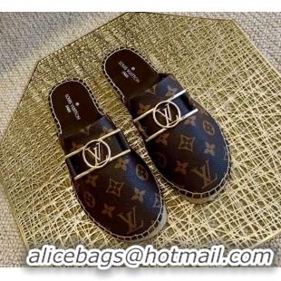 Duplicate Louis Vuitton Monogram Canvas Espadrille Flat Mules with Rectangle LV Buckle 011110 Brown