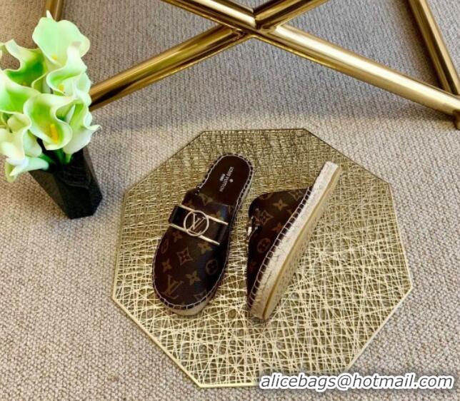 Duplicate Louis Vuitton Monogram Canvas Espadrille Flat Mules with Rectangle LV Buckle 011110 Brown