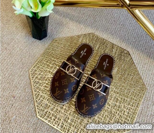 Duplicate Louis Vuitton Monogram Canvas Espadrille Flat Mules with Rectangle LV Buckle 011110 Brown