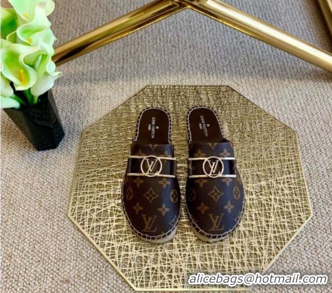 Duplicate Louis Vuitton Monogram Canvas Espadrille Flat Mules with Rectangle LV Buckle 011110 Brown