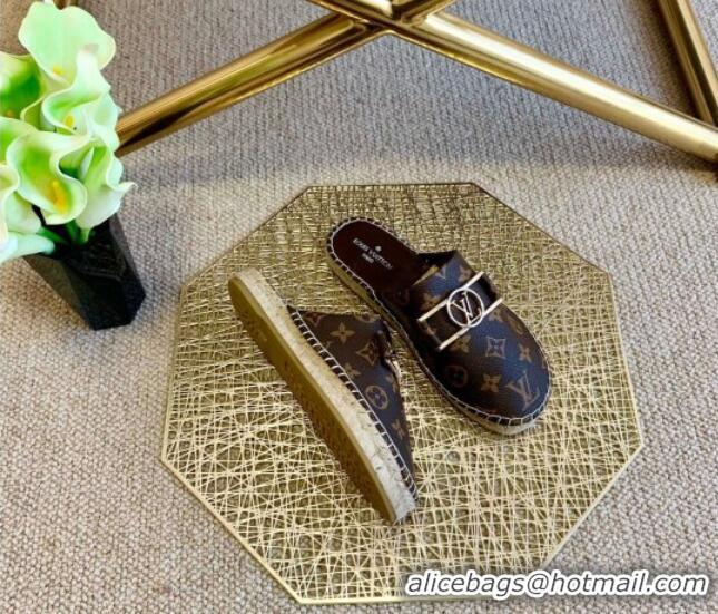 Duplicate Louis Vuitton Monogram Canvas Espadrille Flat Mules with Rectangle LV Buckle 011110 Brown