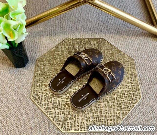 Duplicate Louis Vuitton Monogram Canvas Espadrille Flat Mules with Rectangle LV Buckle 011110 Brown