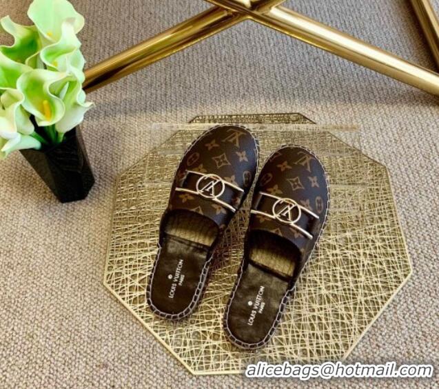 Duplicate Louis Vuitton Monogram Canvas Espadrille Flat Mules with Rectangle LV Buckle 011110 Brown