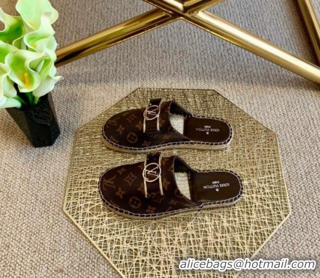 Duplicate Louis Vuitton Monogram Canvas Espadrille Flat Mules with Rectangle LV Buckle 011110 Brown