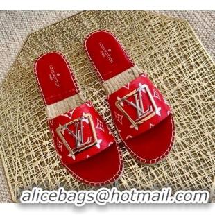 Super Louis Vuitton Monogram Canvas Espadrille Slide Sandals with Square LV Buckle Red 011111