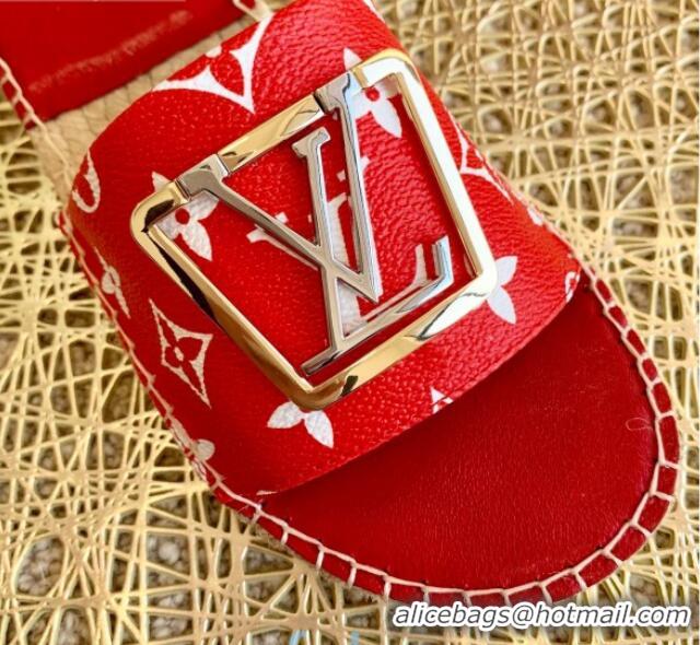 Super Louis Vuitton Monogram Canvas Espadrille Slide Sandals with Square LV Buckle Red 011111