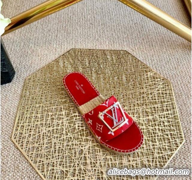 Super Louis Vuitton Monogram Canvas Espadrille Slide Sandals with Square LV Buckle Red 011111