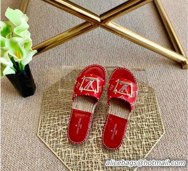 Super Louis Vuitton Monogram Canvas Espadrille Slide Sandals with Square LV Buckle Red 011111