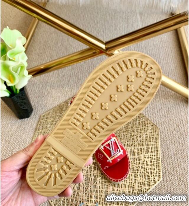 Super Louis Vuitton Monogram Canvas Espadrille Slide Sandals with Square LV Buckle Red 011111