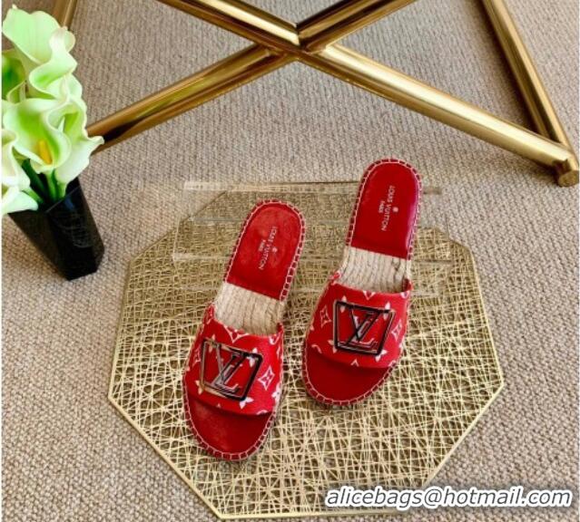 Super Louis Vuitton Monogram Canvas Espadrille Slide Sandals with Square LV Buckle Red 011111