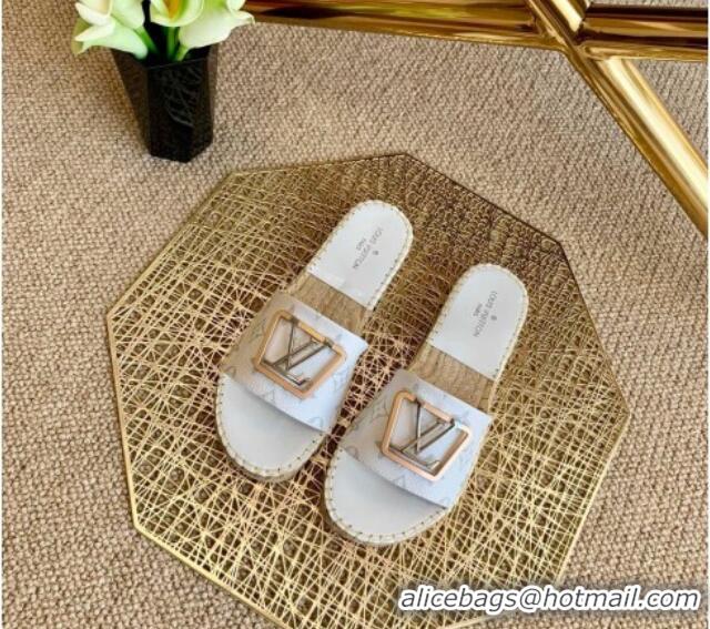 Grade Quality Louis Vuitton Monogram Canvas Espadrille Slide Sandals with Square LV Buckle White 011113