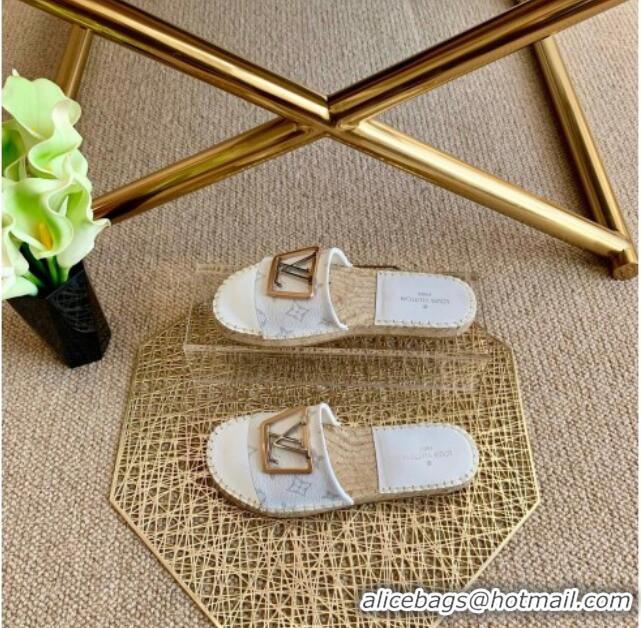 Grade Quality Louis Vuitton Monogram Canvas Espadrille Slide Sandals with Square LV Buckle White 011113