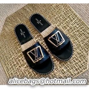 Luxury Cheap Louis Vuitton Monogram Canvas Espadrille Slide Sandals with Square LV Buckle 011113 Black