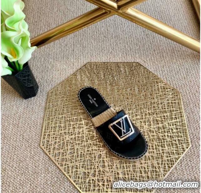 Luxury Cheap Louis Vuitton Monogram Canvas Espadrille Slide Sandals with Square LV Buckle 011113 Black