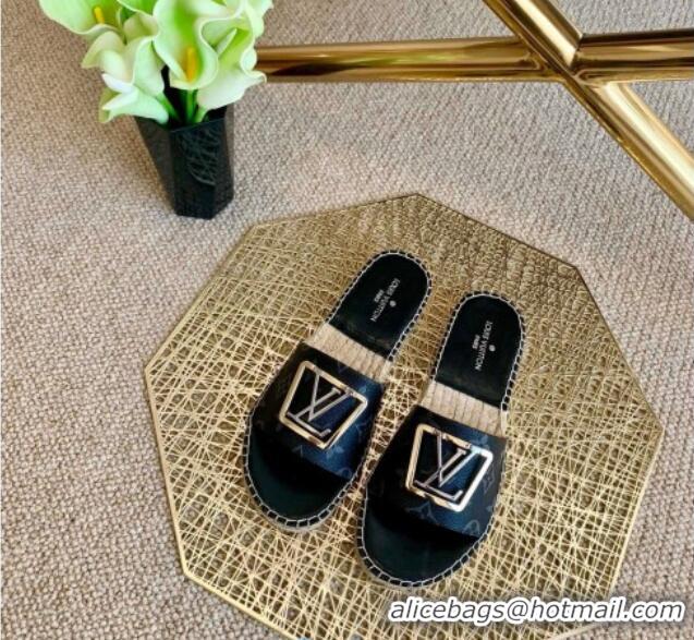 Luxury Cheap Louis Vuitton Monogram Canvas Espadrille Slide Sandals with Square LV Buckle 011113 Black