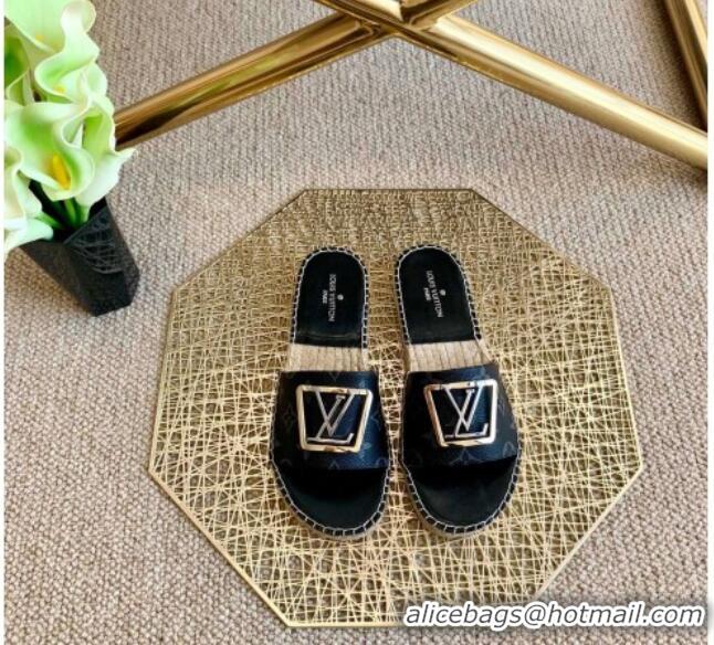 Luxury Cheap Louis Vuitton Monogram Canvas Espadrille Slide Sandals with Square LV Buckle 011113 Black