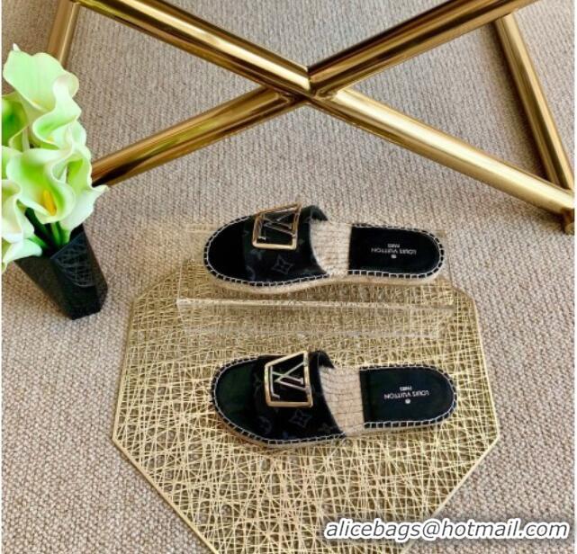 Luxury Cheap Louis Vuitton Monogram Canvas Espadrille Slide Sandals with Square LV Buckle 011113 Black