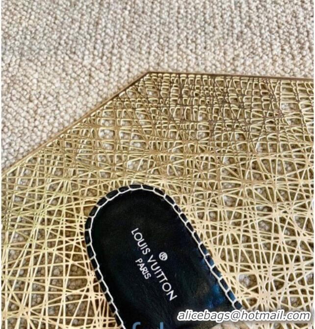 Luxury Cheap Louis Vuitton Monogram Canvas Espadrille Slide Sandals with Square LV Buckle 011113 Black