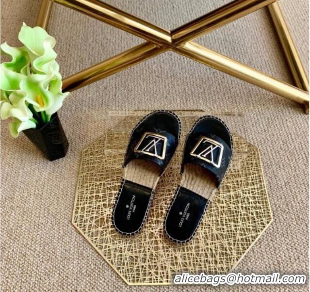 Luxury Cheap Louis Vuitton Monogram Canvas Espadrille Slide Sandals with Square LV Buckle 011113 Black