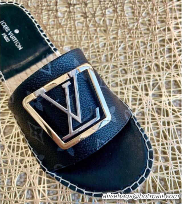 Luxury Cheap Louis Vuitton Monogram Canvas Espadrille Slide Sandals with Square LV Buckle 011113 Black