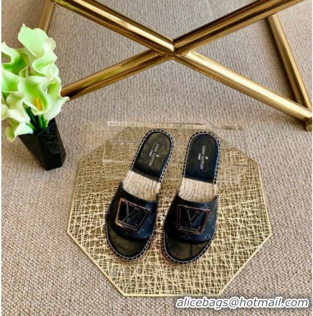 Luxury Cheap Louis Vuitton Monogram Canvas Espadrille Slide Sandals with Square LV Buckle 011113 Black