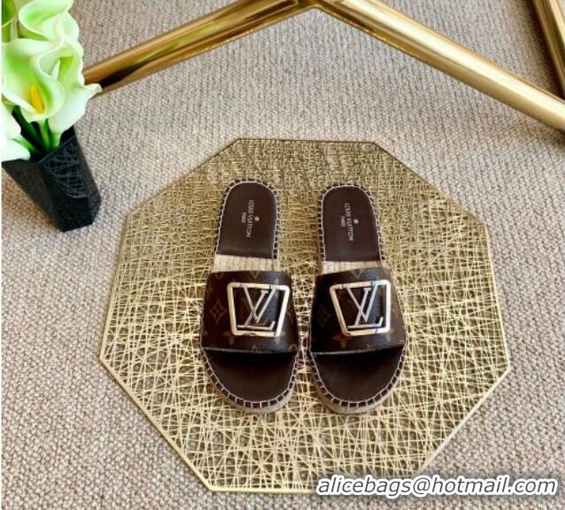 Best Price Louis Vuitton Monogram Canvas Espadrille Slide Sandals with Square LV Buckle 011115 Brown