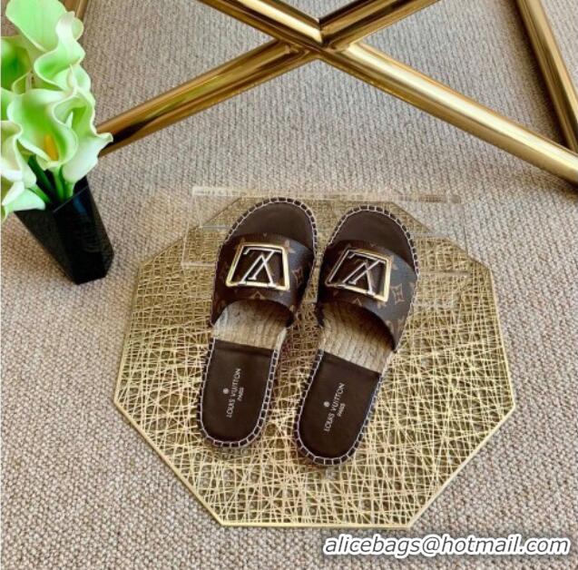 Best Price Louis Vuitton Monogram Canvas Espadrille Slide Sandals with Square LV Buckle 011115 Brown