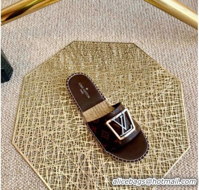 Best Price Louis Vuitton Monogram Canvas Espadrille Slide Sandals with Square LV Buckle 011115 Brown