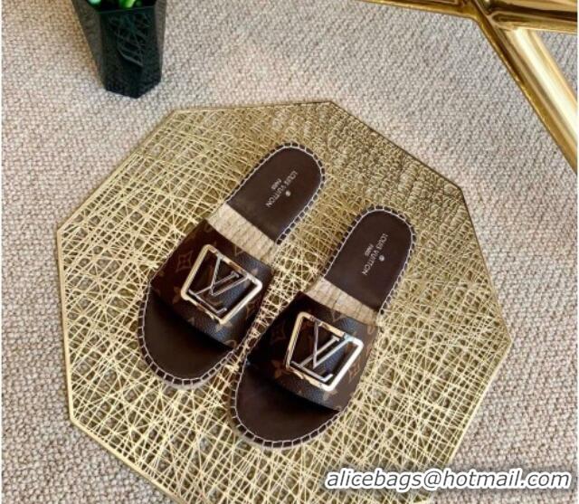 Best Price Louis Vuitton Monogram Canvas Espadrille Slide Sandals with Square LV Buckle 011115 Brown