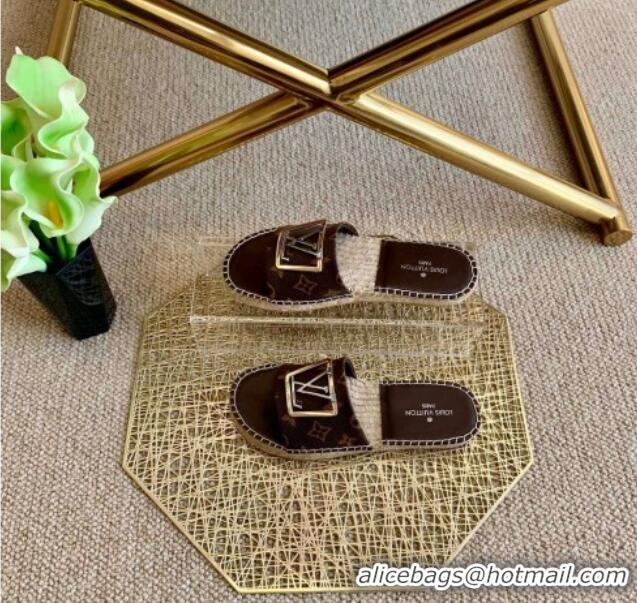 Best Price Louis Vuitton Monogram Canvas Espadrille Slide Sandals with Square LV Buckle 011115 Brown