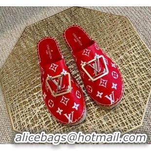 Elegant Louis Vuitton Monogram Canvas Espadrille Flat Mules with Square LV Buckle Red 011116