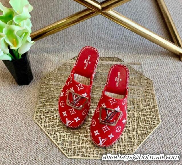 Elegant Louis Vuitton Monogram Canvas Espadrille Flat Mules with Square LV Buckle Red 011116