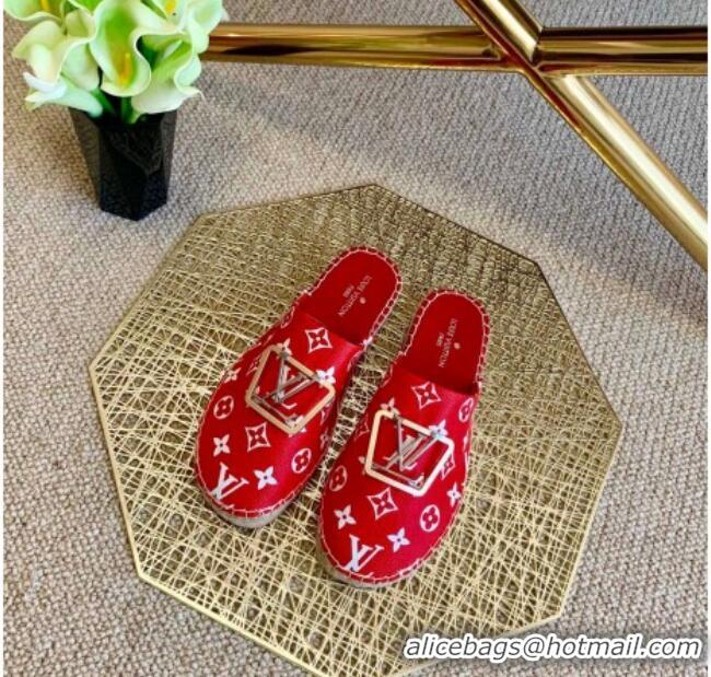 Elegant Louis Vuitton Monogram Canvas Espadrille Flat Mules with Square LV Buckle Red 011116