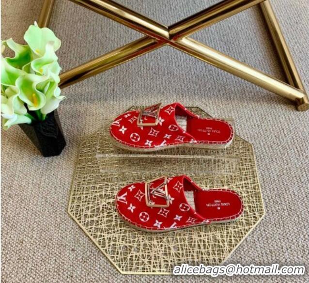 Elegant Louis Vuitton Monogram Canvas Espadrille Flat Mules with Square LV Buckle Red 011116