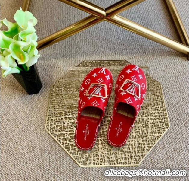 Elegant Louis Vuitton Monogram Canvas Espadrille Flat Mules with Square LV Buckle Red 011116