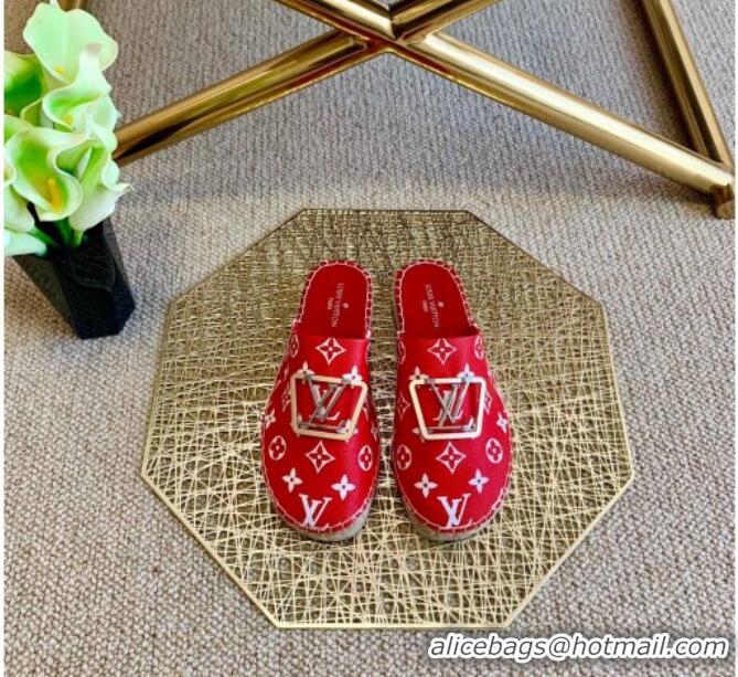 Elegant Louis Vuitton Monogram Canvas Espadrille Flat Mules with Square LV Buckle Red 011116