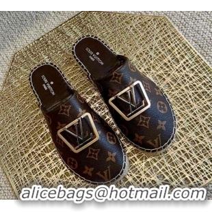 Best Quality Louis Vuitton Monogram Canvas Espadrille Flat Mules with Square LV Buckle Brown 011117