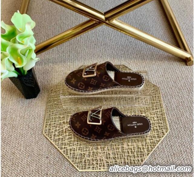 Best Quality Louis Vuitton Monogram Canvas Espadrille Flat Mules with Square LV Buckle Brown 011117