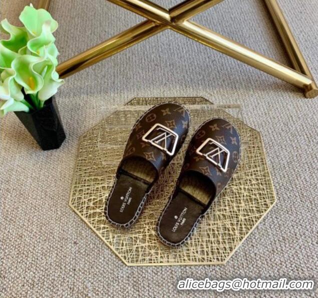 Best Quality Louis Vuitton Monogram Canvas Espadrille Flat Mules with Square LV Buckle Brown 011117