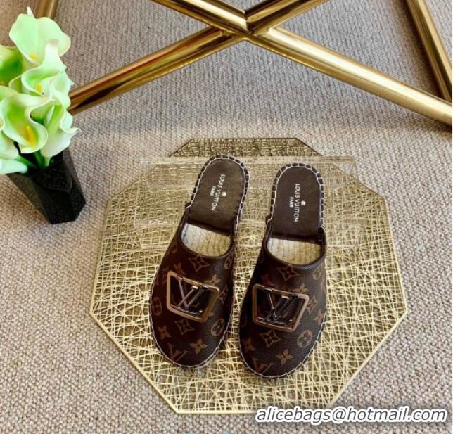 Best Quality Louis Vuitton Monogram Canvas Espadrille Flat Mules with Square LV Buckle Brown 011117