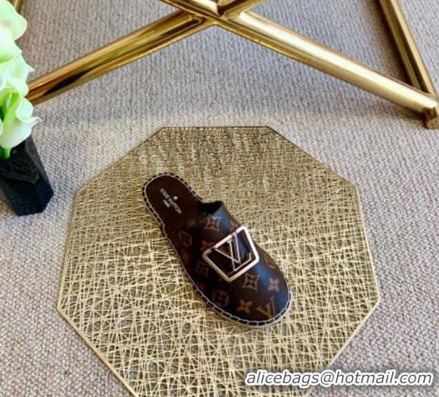 Best Quality Louis Vuitton Monogram Canvas Espadrille Flat Mules with Square LV Buckle Brown 011117