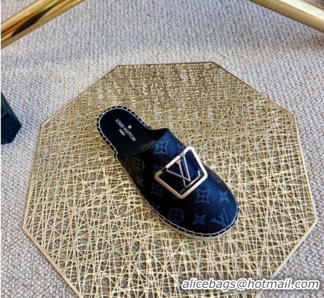 Classic Hot Louis Vuitton Monogram Canvas Espadrille Flat Mules with Square LV Buckle Black  011118