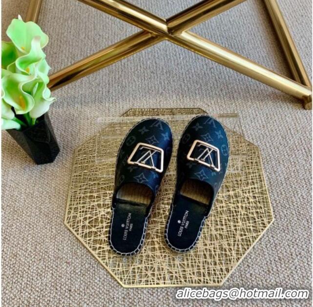 Classic Hot Louis Vuitton Monogram Canvas Espadrille Flat Mules with Square LV Buckle Black  011118