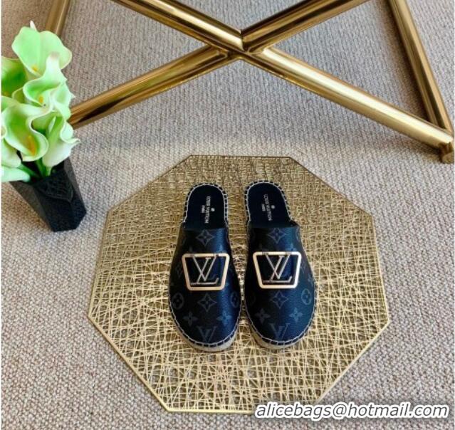 Classic Hot Louis Vuitton Monogram Canvas Espadrille Flat Mules with Square LV Buckle Black  011118