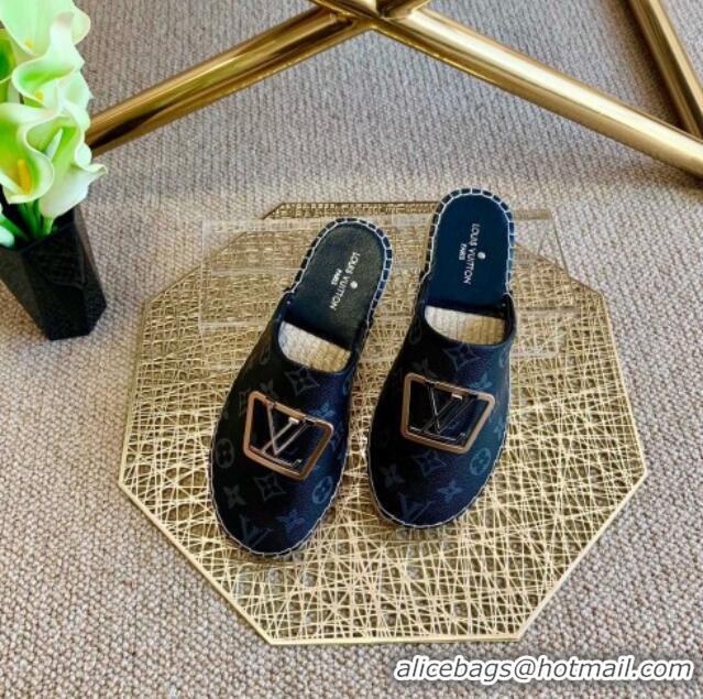 Classic Hot Louis Vuitton Monogram Canvas Espadrille Flat Mules with Square LV Buckle Black  011118