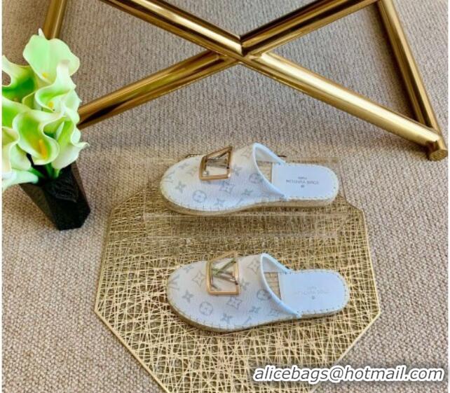 Top Quality Louis Vuitton Monogram Canvas Espadrille Flat Mules with Square LV Buckle White 011119